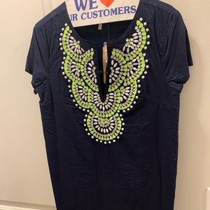 Navy blue shift dress with beading